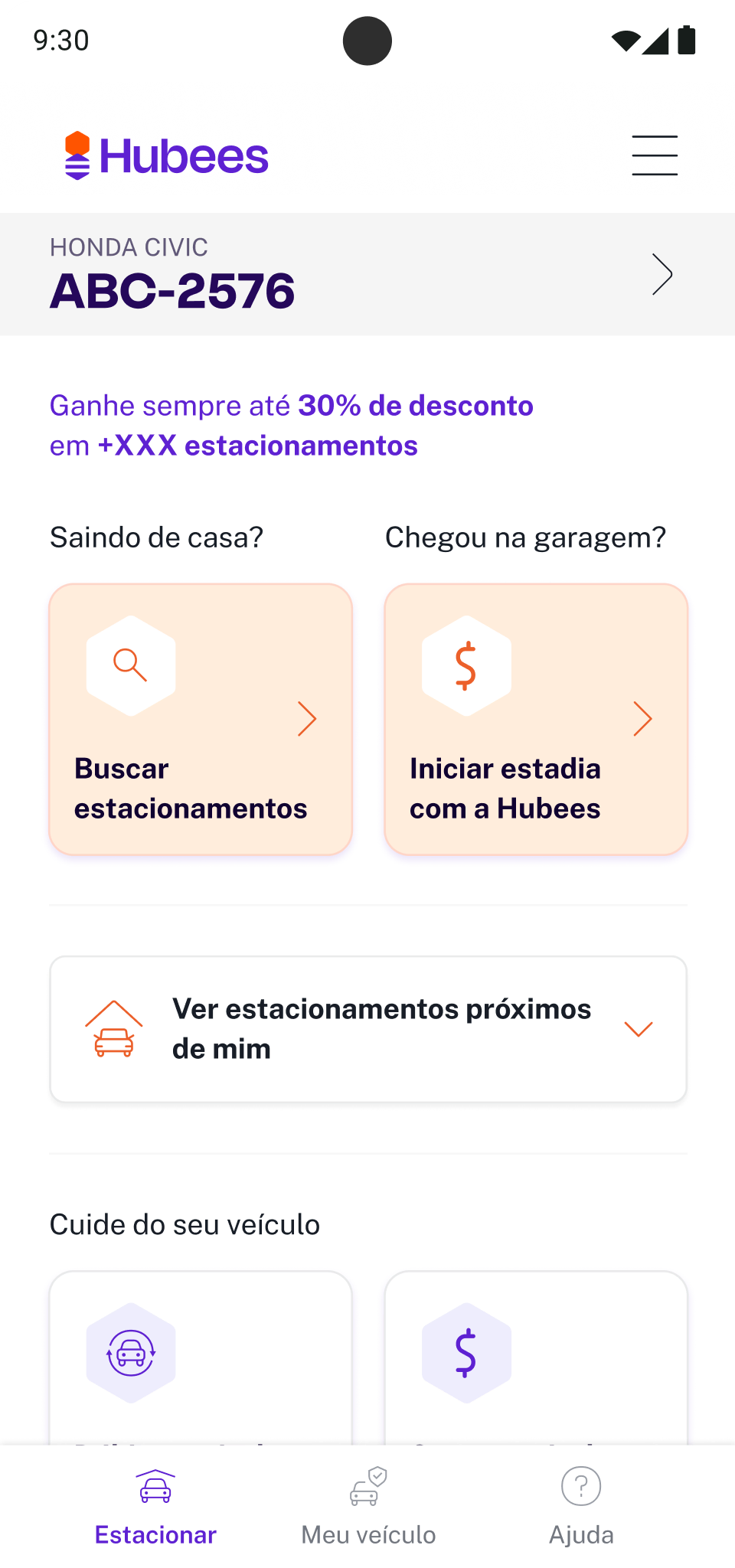 Hubees app home screen: vehicle plate, discount banner and the two main actions