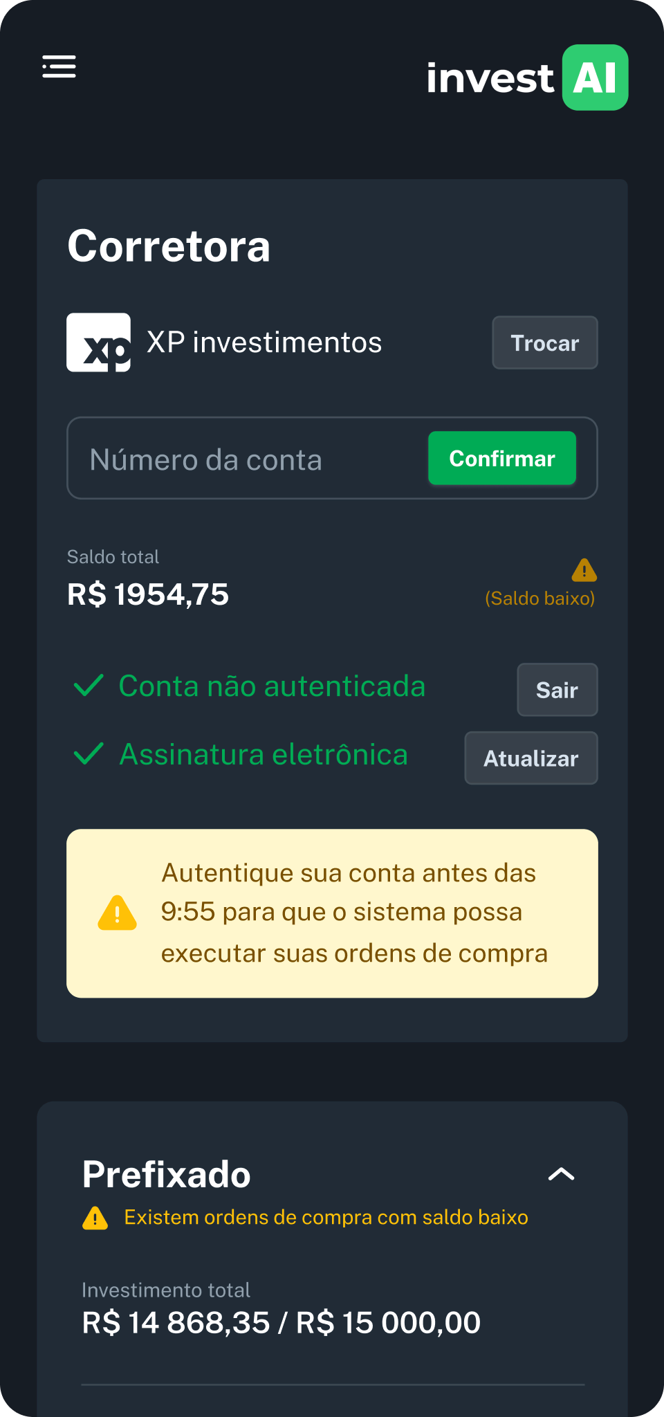 InvestAI app home screen: linked brokerage account, balance and pending buy orders