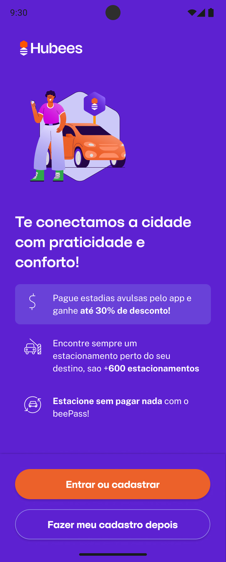 Hubees onboarding screen in the new purple branding