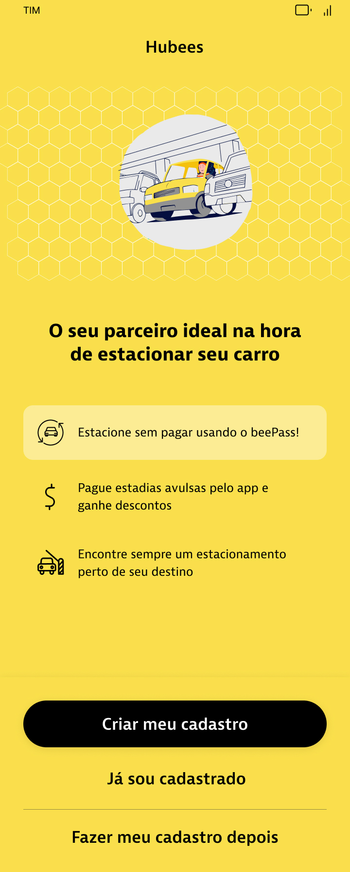 Hubees onboarding screen in the old yellow branding