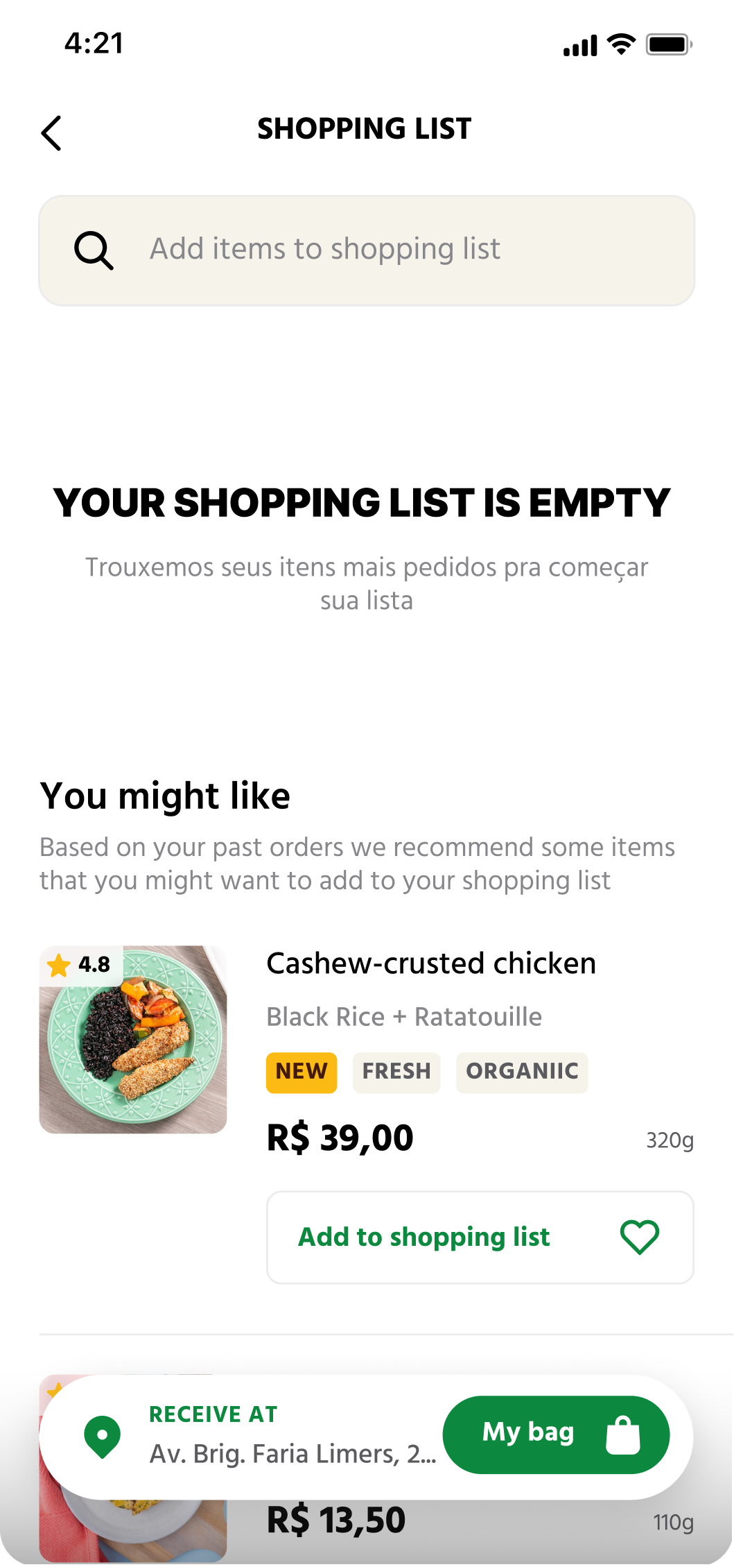 Liv Up app screen with the shopping list and the recommended items