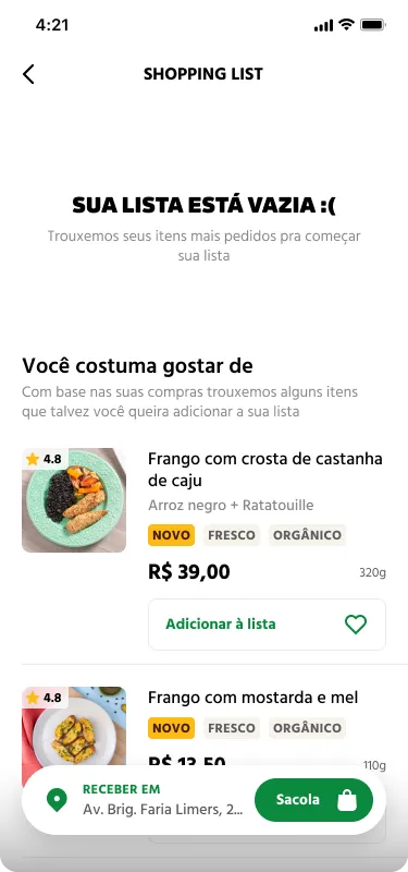 Empty shopping list seeded with items from past orders