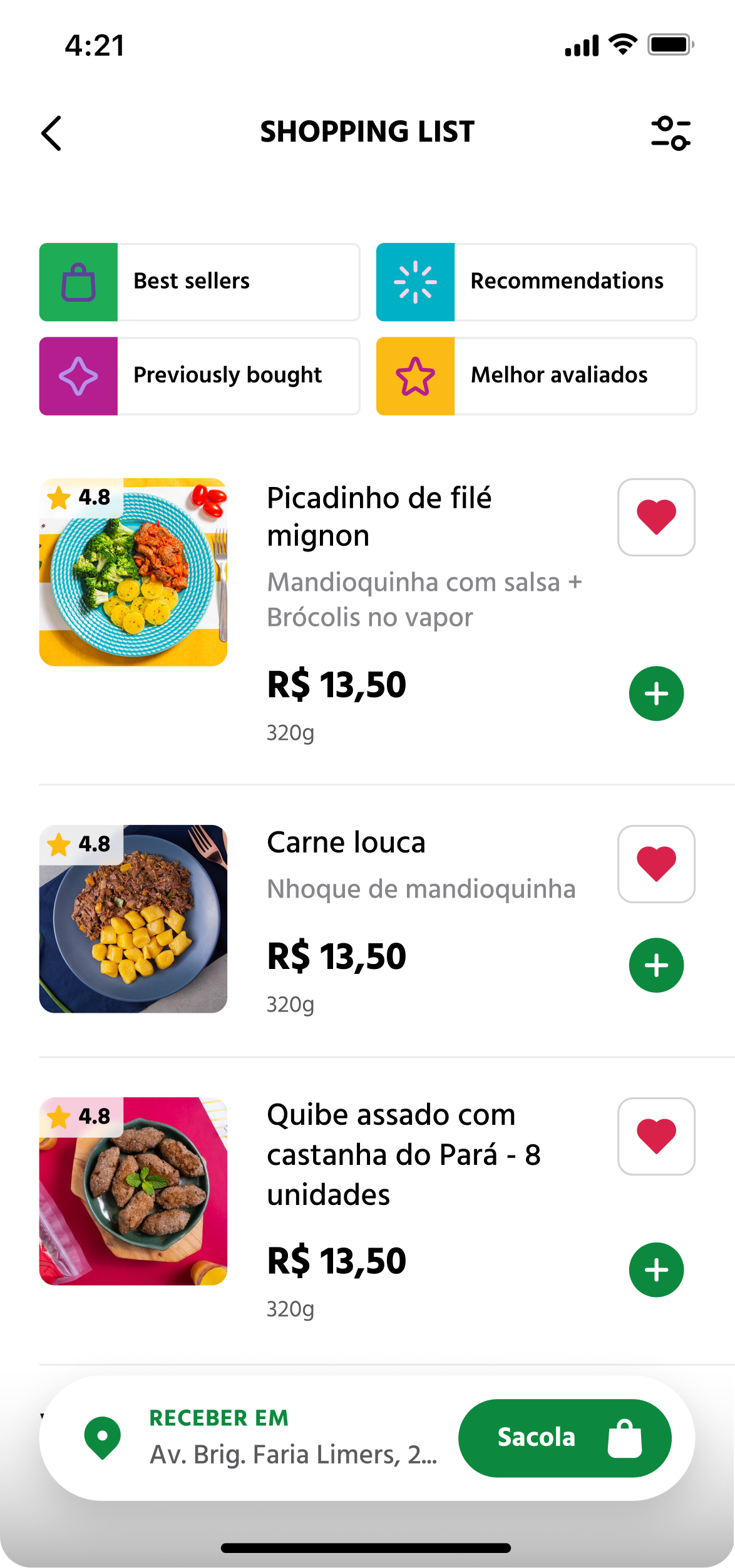 Shopping list with discovery shortcuts above the items