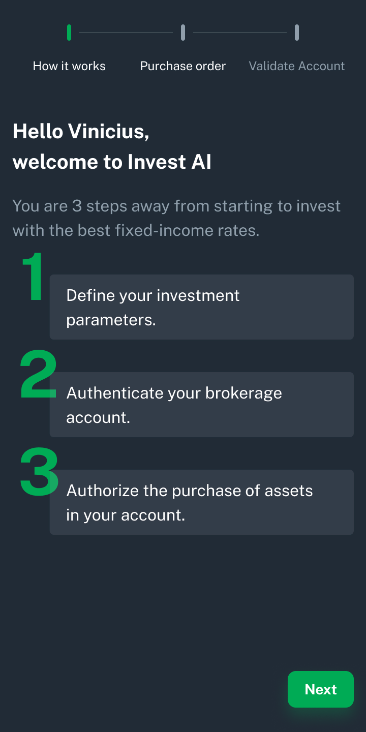Welcome screen listing the three onboarding steps ahead of the user