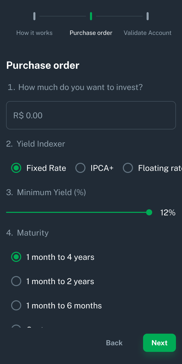 Purchase order form with amount, yield indexer, minimum yield and maturity