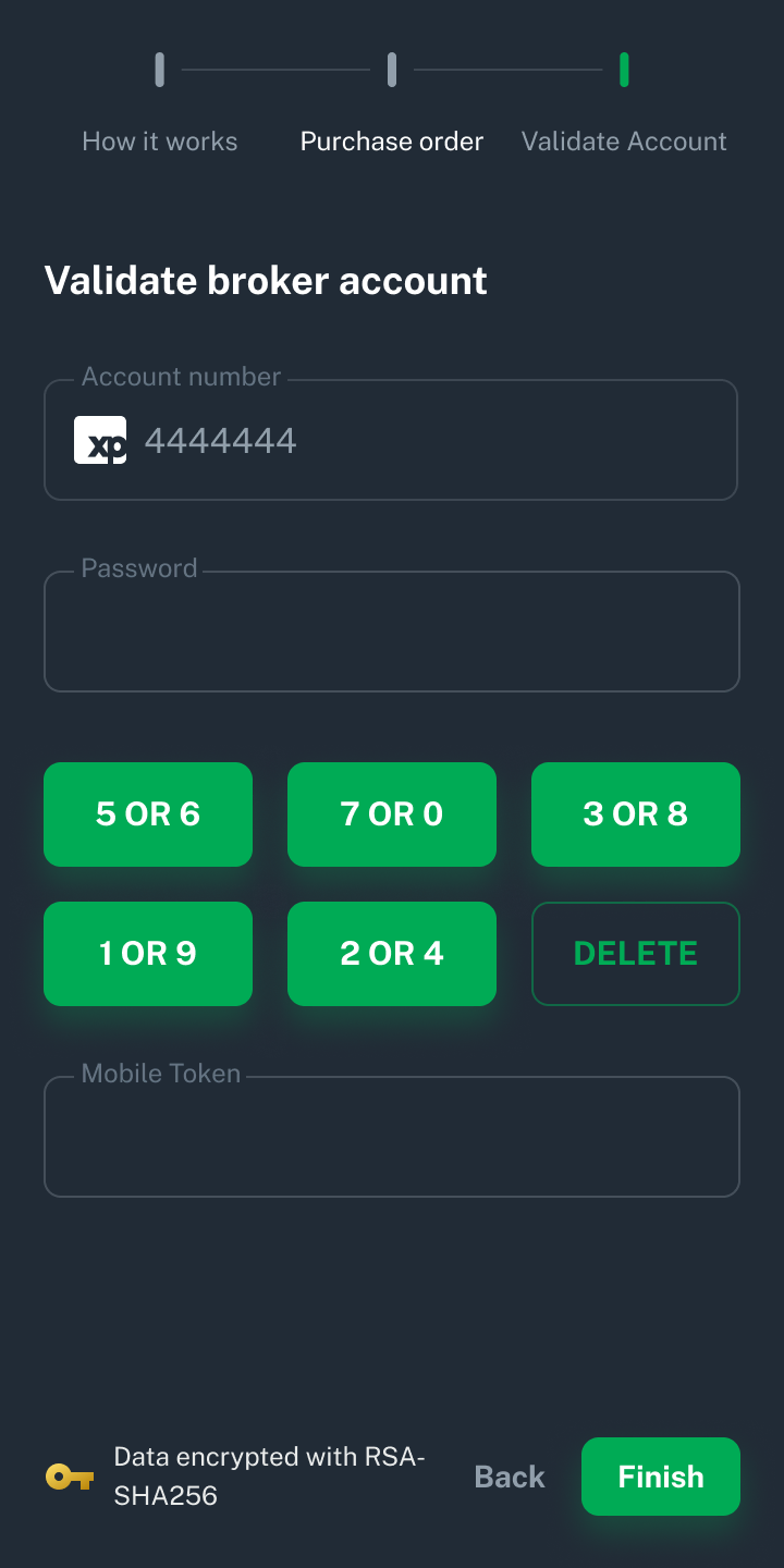Broker account validation with the note explaining the password is not stored
